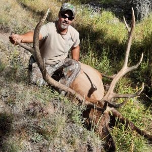 A hunter wearing sunglasses with a successful bull elk hunt in Wyoming, surrounded by scenic backcountry terrain.